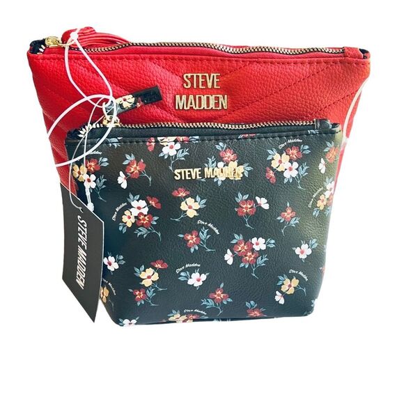 Steve Madden Bag Set Red Cosmetic Makeup Red Wristlet Top Zip Embossed - Picture 1 of 4
